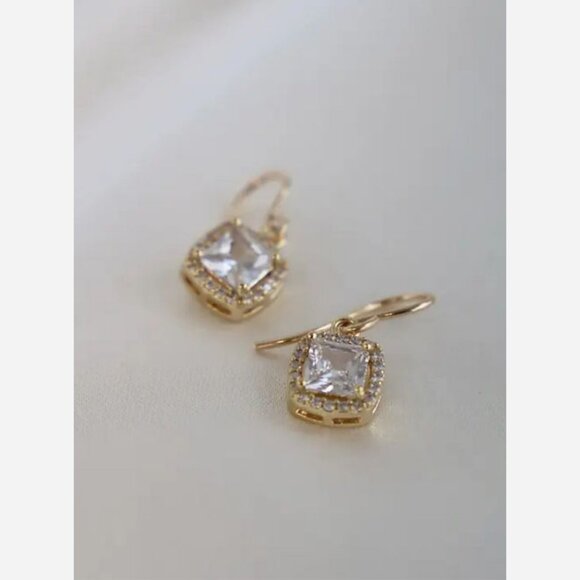 Square CZ Drop Earrings – Gold Plated with Pavé Edge - Picture 2 of 5
